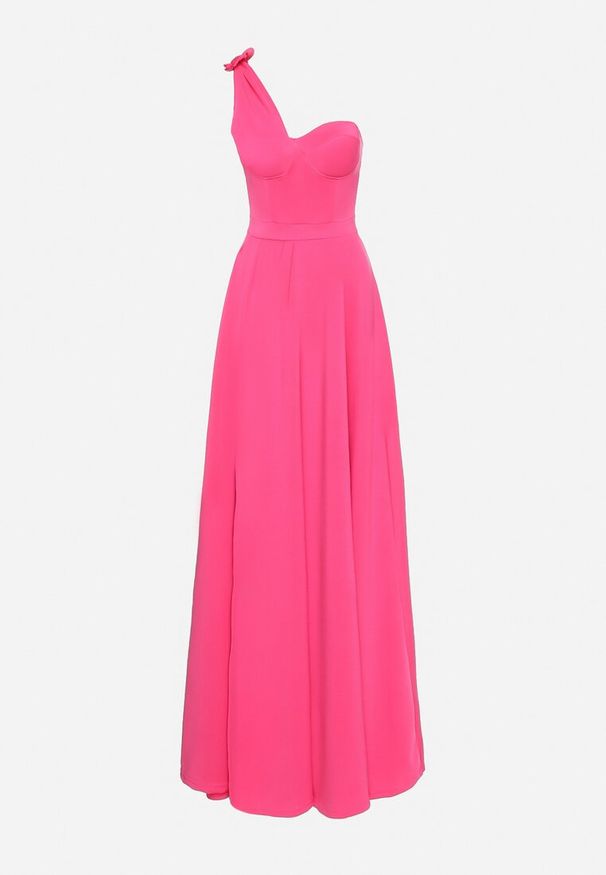 Born2be - Fuksjowa Rozkloszowana Sukienka z Asymetryczną Górą i Wiązaniem na Ramieniu z Rozcięciem Efirey. Okazja: na wesele, na studniówkę, na ślub cywilny. Kolor: różowy. Materiał: tkanina. Typ sukienki: asymetryczne. Styl: klasyczny