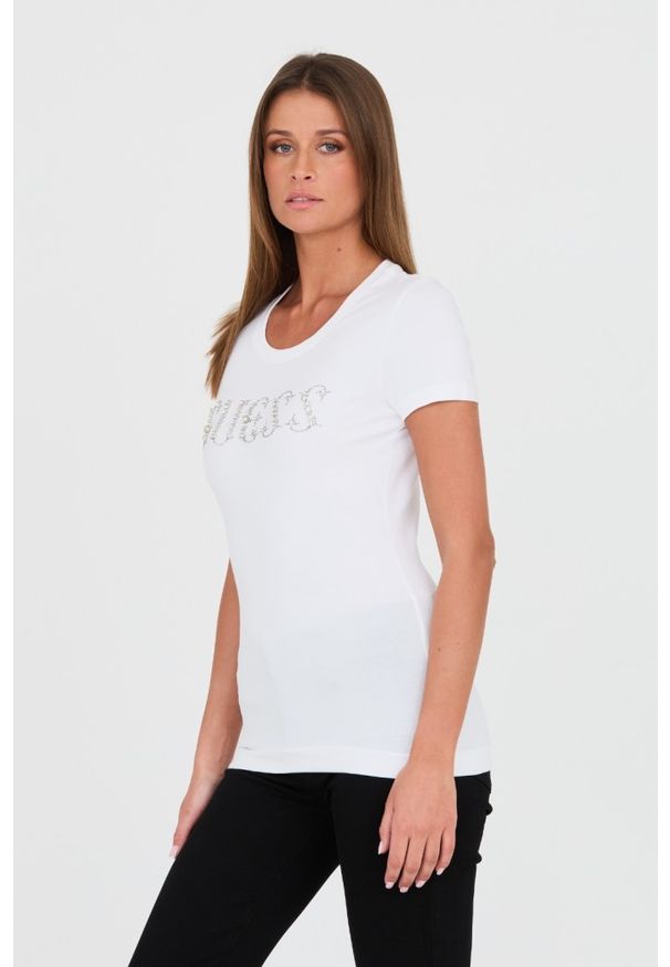 Guess - GUESS Biały damski t-shirt bawełniany Stones Logo Tee, Rozmiar L. Kolor: biały. Materiał: bawełna