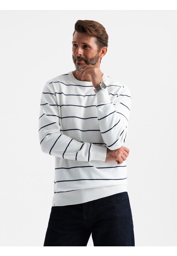 Ombre Clothing - Męski casualowy sweter w poziome paski – kremowy V2 - Rozmiar: S. Okazja: na co dzień. Kolor: kremowy. Materiał: nylon, włókno, materiał, bawełna. Wzór: paski. Styl: casual