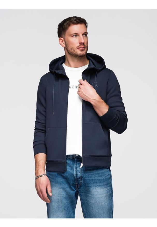 Ombre Clothing - Bluza rozpinana męska z kapturem z gładkiej dzianiny - granatowa V4 - Rozmiar: XXL. Okazja: na co dzień, na spacer, do pracy. Typ kołnierza: kaptur. Kolor: niebieski. Materiał: dzianina. Wzór: gładki. Styl: casual, sportowy