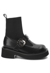 Czarne Botki S.Barski Modne Obuwie Damskie Ze Skarpetkową Cholewką. Okazja: na co dzień. Zapięcie: klamry. Kolor: czarny. Materiał: tkanina, skóra ekologiczna. Szerokość cholewki: normalna. Obcas: na obcasie. Styl: casual. Wysokość obcasa: średni #5