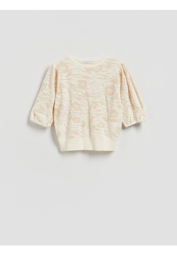Reserved - Bluzka z ozdobnym wzorem - kremowy. Kolor: kremowy. Materiał: dzianina, wiskoza. Styl: klasyczny