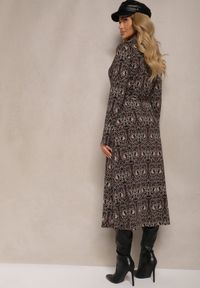 Renee - Brązowo-Beżowa Sukienka o Koszulowym Fasonie w Ornamentalny Wzór Mesiena. Okazja: na co dzień. Typ kołnierza: dekolt w kształcie V. Kolor: brązowy. Materiał: wiskoza. Długość rękawa: długi rękaw. Typ sukienki: koszulowe. Styl: casual, elegancki