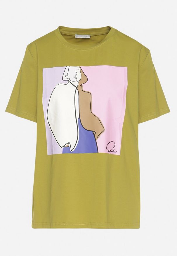 Born2be - Zielony T-shirt z Bawełny Zdobiony Geometrycznym Nadrukiem Meppora. Okazja: na co dzień. Kolor: zielony. Materiał: bawełna. Długość rękawa: krótki rękaw. Długość: krótkie. Wzór: aplikacja, geometria, nadruk. Styl: klasyczny, casual