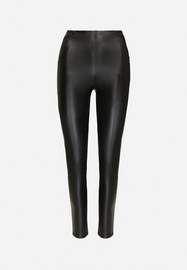 Born2be - Czarne Legginsy z Ekoskóry z Guzikami Wysokim Stanem i Gumką w Talii Sintheria. Okazja: na co dzień, na spacer. Stan: podwyższony. Kolor: czarny. Materiał: kaszmir, materiał. Wzór: aplikacja. Sezon: jesień. Styl: casual, elegancki