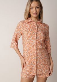 Born2be - Pomarańczowy Bawełniany Komplet w Kwiaty Koszula i Szorty Aelryn. Kolor: pomarańczowy. Materiał: bawełna. Wzór: kwiaty #7