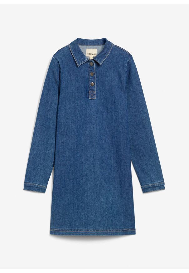 bonprix - Sukienka dżinsowa o trapezowym kroju z bawełną organiczną. Kolor: niebieski. Materiał: bawełna. Typ sukienki: trapezowe