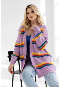 PeeKaBoo - Elegancki sweter kardigan w kolorowe paski liliowy. Kolor: liliowy. Wzór: paski, kolorowy. Styl: elegancki #1