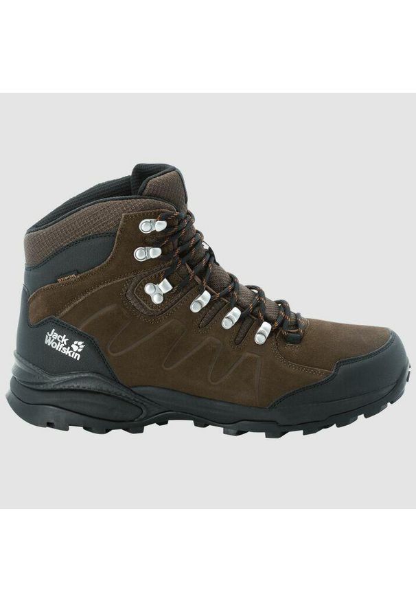 Buty trekkingowe męskie Jack Wolfskin Refugio Texapore Mid. Wysokość cholewki: za kostkę. Zapięcie: sznurówki. Kolor: wielokolorowy, szary, brązowy. Materiał: skóra. Szerokość cholewki: normalna