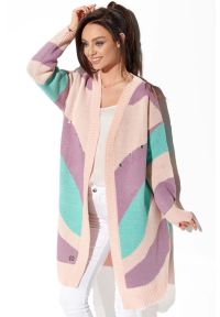 Sukienki.shop - Długi sweter bez zapięcia pastelowy w paski. Okazja: na co dzień. Materiał: jeans, materiał, akryl. Długość: długie. Wzór: paski. Sezon: lato. Styl: casual, elegancki #2