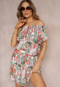 Renee - Biało-Zielona Wiskozowa Sukienka Mini w Kwiaty z Hiszpańskim Dekoltem i Gumką w Talii Selecia. Kolor: biały. Materiał: wiskoza. Wzór: kwiaty. Długość: mini