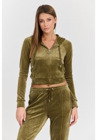 Juicy Couture - JUICY COUTURE Damska zielona bluza Madison Hoodie, Rozmiar S. Okazja: na co dzień. Kolor: zielony. Materiał: elastan, poliester, materiał. Styl: sportowy, casual, elegancki