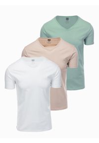 Ombre Clothing - Zestaw bawełnianych koszulek męskich V-neck BASIC – szarozielony/biały/beżowy V14 OM-TSBS-0233 - XXL. Typ kołnierza: dekolt w serek. Kolor: zielony. Materiał: bawełna