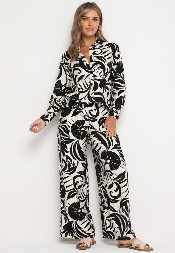 Born2be - Czarno-Biały Wiskozowy Komplet Koszula z Długim Rękawem i Szerokie Spodnie Xiseria. Kolor: czarny. Materiał: wiskoza