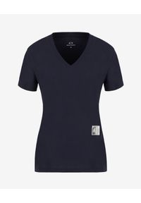 Armani Exchange - ARMANI EXCHANGE - Granatowy bawełniany T-shirt w serek. Typ kołnierza: dekolt w serek. Kolor: niebieski. Materiał: bawełna. Wzór: aplikacja #2