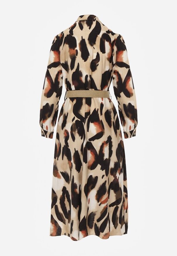 Renee - Beżowa Wzorzysta Sukienka o Koszulowym Kroju z Paskiem z Plecionki Mirirani. Okazja: na co dzień. Typ kołnierza: dekolt w kształcie V. Kolor: beżowy. Materiał: wiskoza, skóra, materiał. Wzór: nadruk. Typ sukienki: koszulowe. Styl: casual, elegancki