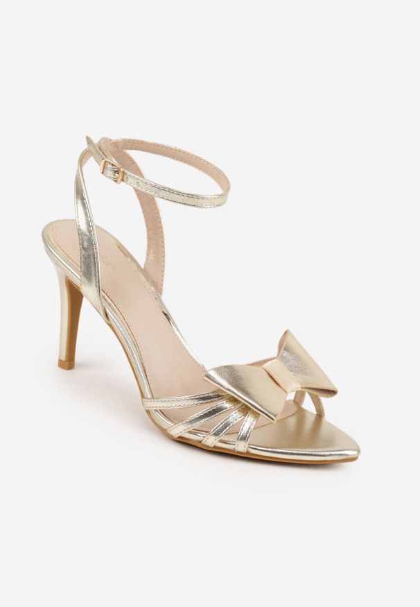 Renee - Złote Sandały na Szpilce VICES Ozdobione z Przodu Kokardką Sparkle. Zapięcie: sprzączka. Kolor: złoty. Materiał: tiul, satyna. Wzór: aplikacja. Obcas: na szpilce