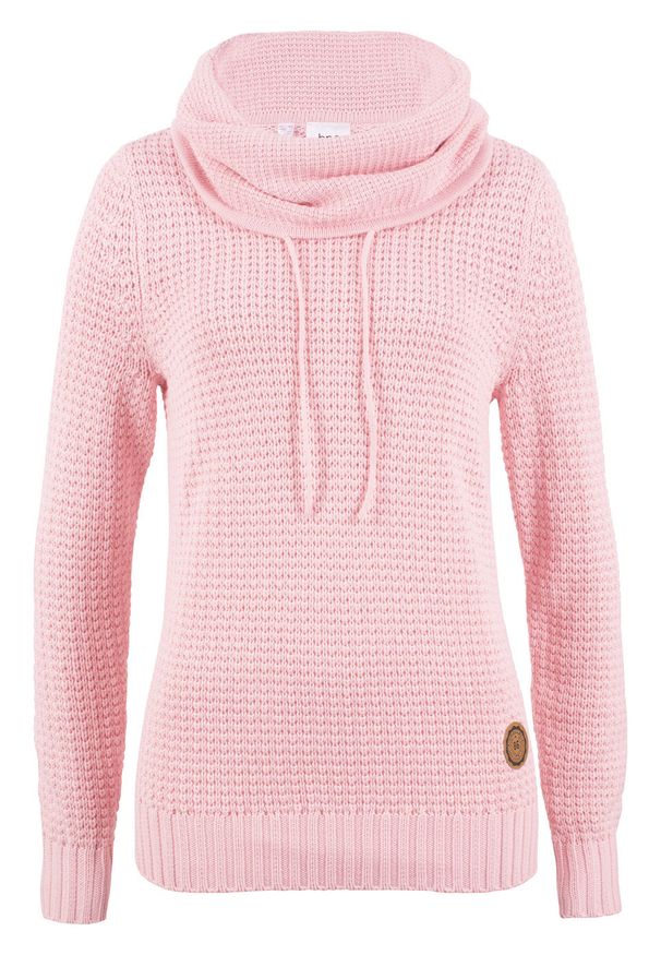 Sweter z golfem z troczkami bonprix pastelowy jasnoróżowy. Typ kołnierza: golf. Kolor: różowy. Materiał: skóra. Wzór: aplikacja