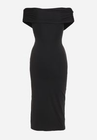 Born2be - Czarna Sukienka Dopasowana z Ozdobnie Wywiniętą Górą i Rozcięciem na Boku Mleora. Kolor: czarny. Styl: elegancki #3