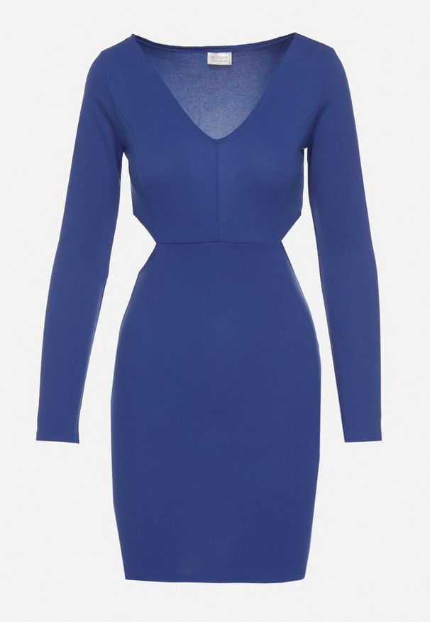 Born2be - Niebieska Sukienka o Dopasowanym Kroju z Wycięciami w Talii Halassia. Okazja: na co dzień, na randkę. Typ kołnierza: dekolt w serek. Kolor: niebieski. Długość rękawa: długi rękaw. Typ sukienki: proste, dopasowane. Styl: casual, elegancki