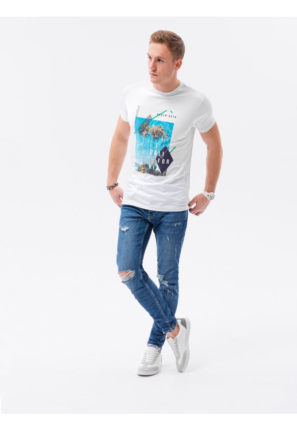 Ombre Clothing - T-shirt męski z nadrukiem S1434 V-14A - biały - XXL. Kolor: biały. Materiał: bawełna. Wzór: nadruk. Styl: klasyczny