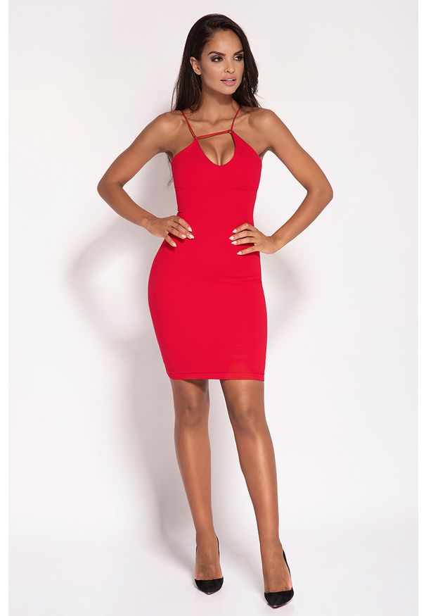Dursi - Czerwona Sukienka na Cienkich Ramiączkach z Biżuteryjnym Akcentem. Kolor: czerwony. Materiał: nylon, elastan. Długość rękawa: na ramiączkach