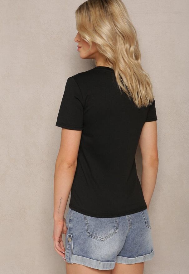 Renee - Czarny T-shirt Koszulka z Krótkim Rękawem i Okrągłym Dekoltem Tiarella. Kolor: czarny. Materiał: jeans. Długość rękawa: krótki rękaw. Długość: krótkie. Wzór: aplikacja. Styl: klasyczny, elegancki