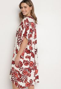 Born2be - Bordowa Sukienka z Lnem i Wiskozą Ozdobiona Cyrkoniami Sadelune. Okazja: na co dzień. Typ kołnierza: dekolt w serek. Kolor: czerwony. Materiał: len, wiskoza. Wzór: aplikacja. Styl: klasyczny, casual, elegancki #2