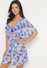 Born2be - Niebieska Narzutka Plażowa w Kwiaty z Wiązaniem Ulonesia. Okazja: na plażę. Kolor: niebieski. Wzór: kwiaty. Sezon: lato. Styl: klasyczny, casual #6