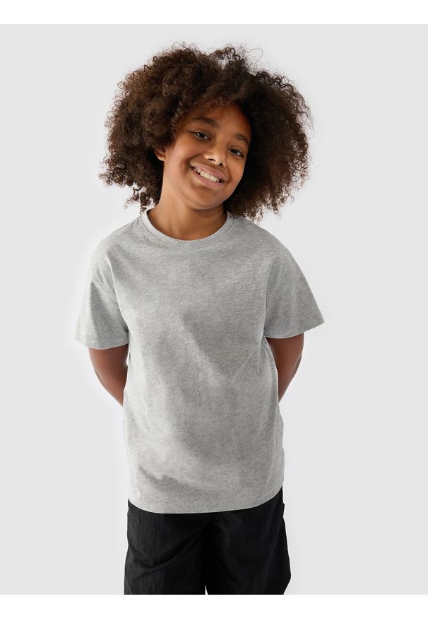 4f - 4F T-shirt gładki dziewczęcy - szary 128 (7-8 lat). Okazja: na co dzień. Kolor: szary. Materiał: dzianina, bawełna, wiskoza, jersey, materiał. Długość rękawa: krótki rękaw. Długość: krótkie. Wzór: gładki. Sezon: lato. Styl: klasyczny, sportowy, casual