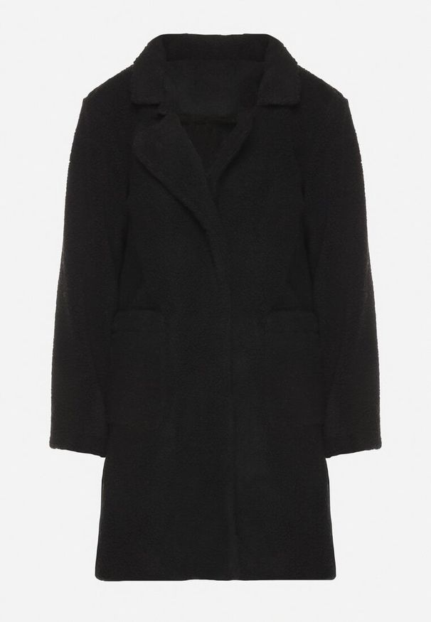 Born2be - Czarny Futrzany Płaszcz Ozdobiony Kieszeniami Mortisa. Okazja: na co dzień. Kolor: czarny. Materiał: futro. Wzór: aplikacja. Styl: casual, elegancki