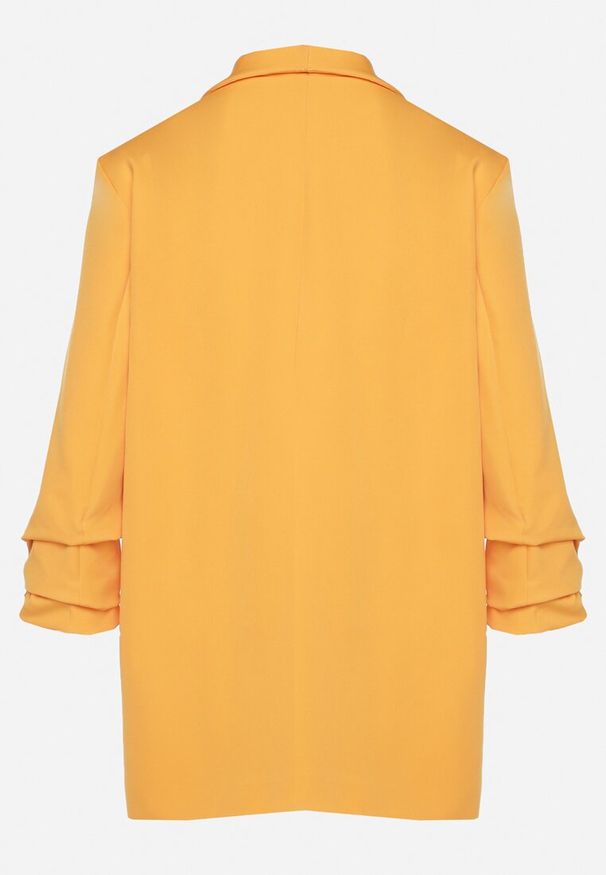 Born2be - Pomarańczowa Marynarka Bez Zapięć z Ozdobnym Marszczeniem i Imitacją Kieszeni Phelotis. Okazja: na co dzień, na spotkanie biznesowe, do pracy. Kolor: pomarańczowy. Materiał: tkanina, jeans. Wzór: aplikacja, jednolity, gładki. Styl: biznesowy, casual, elegancki