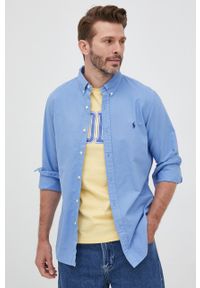 Polo Ralph Lauren koszula bawełniana męska slim z kołnierzykiem button-down. Typ kołnierza: polo, button down. Kolor: niebieski. Materiał: bawełna. Długość rękawa: długi rękaw. Długość: długie