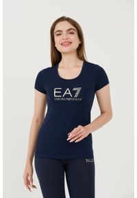 EA7 Emporio Armani - EA7 Granatowy damski t-shirt ze srebrnym logo, Rozmiar M. Kolor: niebieski #1