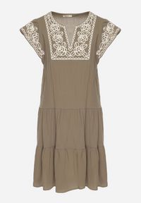 Born2be - Zielona Sukienka z Haftami w Stylu Boho z Bawełny Evitel. Kolor: zielony. Materiał: bawełna. Długość rękawa: krótki rękaw. Wzór: haft. Sezon: lato. Styl: boho #5