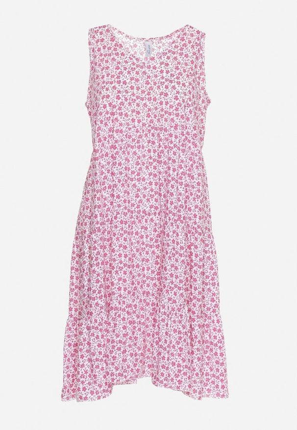 Born2be - Różowa Bawełniana Sukienka w Kwiaty z Falbanką Rissafa. Okazja: na co dzień. Kolor: różowy. Materiał: bawełna. Wzór: kwiaty. Typ sukienki: proste. Styl: casual