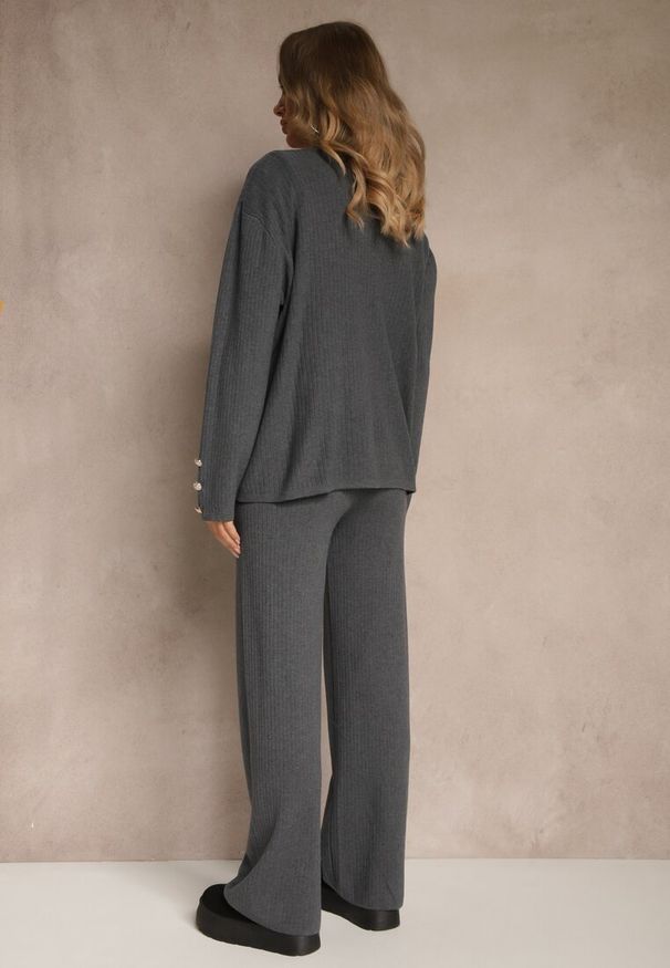 Renee - Szary Komplet z Dzianiny z Bawełną Spodnie Kardigan i T-shirt z Golfem Ralonia. Kolor: szary. Materiał: dzianina, bawełna