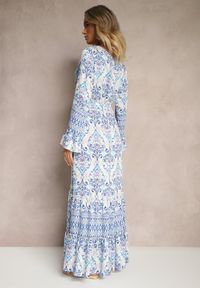 Renee - Niebieska Sukienka z Wiskozą o Rozkloszowanym Kroju z Falbanami w Etniczny Print Korimira. Okazja: na co dzień. Typ kołnierza: dekolt w kształcie V. Kolor: niebieski. Materiał: wiskoza. Wzór: nadruk. Styl: elegancki, casual #4