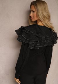 Renee - Czarna Wieczorowa Koszula z Ozdobnymi Falbanami i Guzikami Lerellia. Okazja: na co dzień. Kolor: czarny. Materiał: jeans. Styl: wizytowy