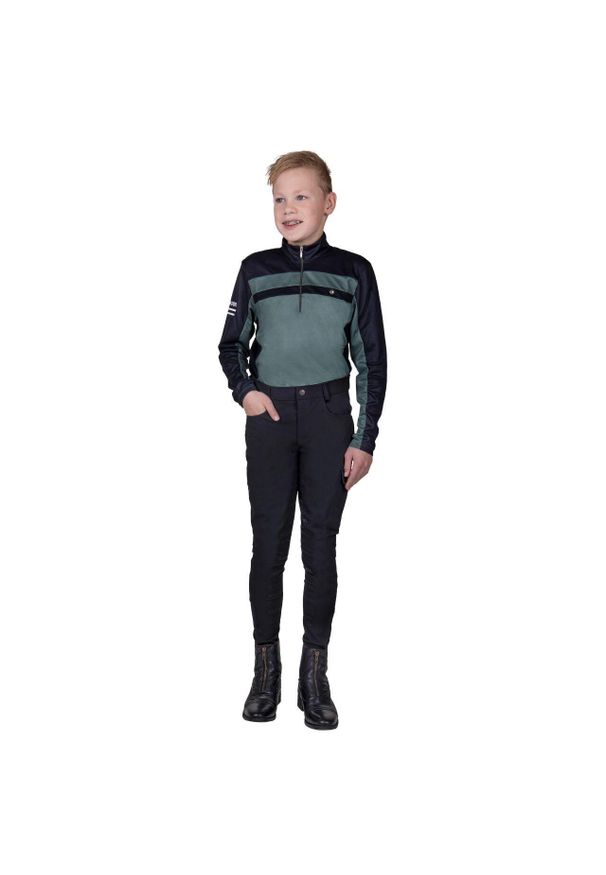 Dziecięca koszulka jeździecka z długim rękawem QHP Xavy. Kolor: czarny. Długość rękawa: długi rękaw. Długość: długie. Styl: sportowy, młodzieżowy