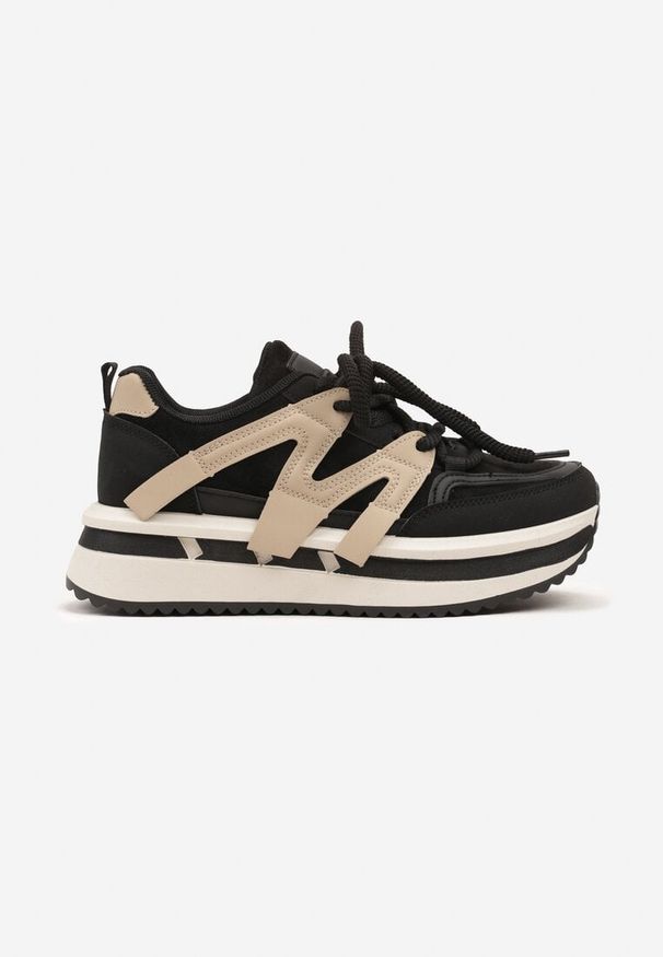 Renee - Czarno-Beżowe Sneakersy na Platformie z Geometrycznym Wzorem i Sznurowaniem Fiorinnia. Nosek buta: okrągły. Zapięcie: sznurówki. Kolor: czarny. Wzór: geometria. Obcas: na platformie. Wysokość obcasa: niski