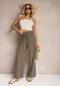 Renee - Ciemnozielone Spodnie z Bawełny High Waist z Szerokimi Nogawkami i Gumką w Pasie Clisea. Stan: podwyższony. Kolor: zielony. Materiał: bawełna. Sezon: lato