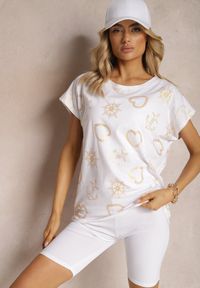 Renee - Biały Bawełniany T-shirt z Błyszczącym Printem Idrana. Kolor: biały. Materiał: bawełna. Wzór: nadruk. Styl: klasyczny #4