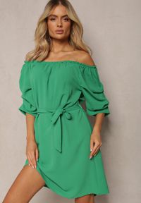 Renee - Zielona Sukienka Mini o Trapezowym Fasonie z Bufiastymi Marszczonymi Rękawami Kailith. Kolor: zielony. Typ sukienki: trapezowe. Długość: mini #1