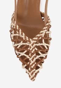 Renee - Brązowe Czółenka na Szpilce z Ażurową Szydełkową Cholewką Navioil. Zapięcie: pasek. Kolor: brązowy. Materiał: satyna, len. Wzór: ażurowy. Obcas: na szpilce. Wysokość obcasa: średni #6