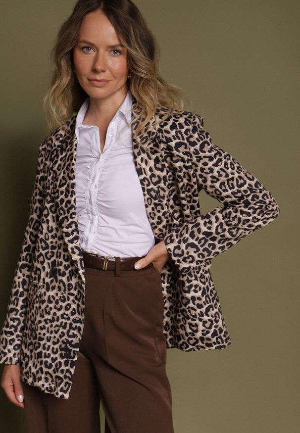 Born2be - Panterkowa Dwurzędowa Marynarka w Klasycznym Stylu Clanera. Okazja: na co dzień. Wzór: nadruk, aplikacja. Styl: klasyczny