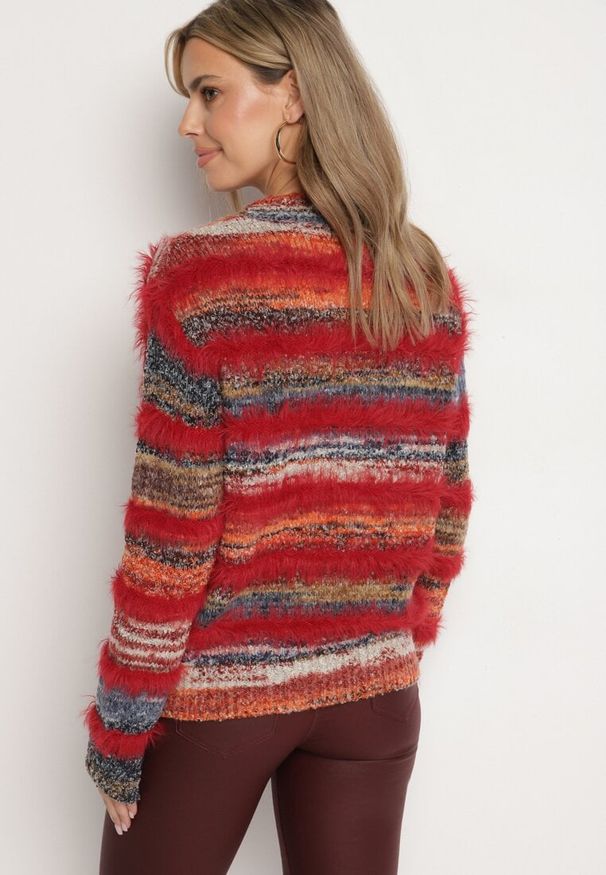 Born2be - Pomarańczowo-Granatowy Kardigan z Wełną i Wiskozą na Guziki Ozdobiony Paskami Esalenia. Okazja: na co dzień. Typ kołnierza: dekolt w serek. Kolor: czerwony. Materiał: wiskoza, wełna. Długość rękawa: długi rękaw. Długość: długie. Wzór: aplikacja. Styl: elegancki, casual