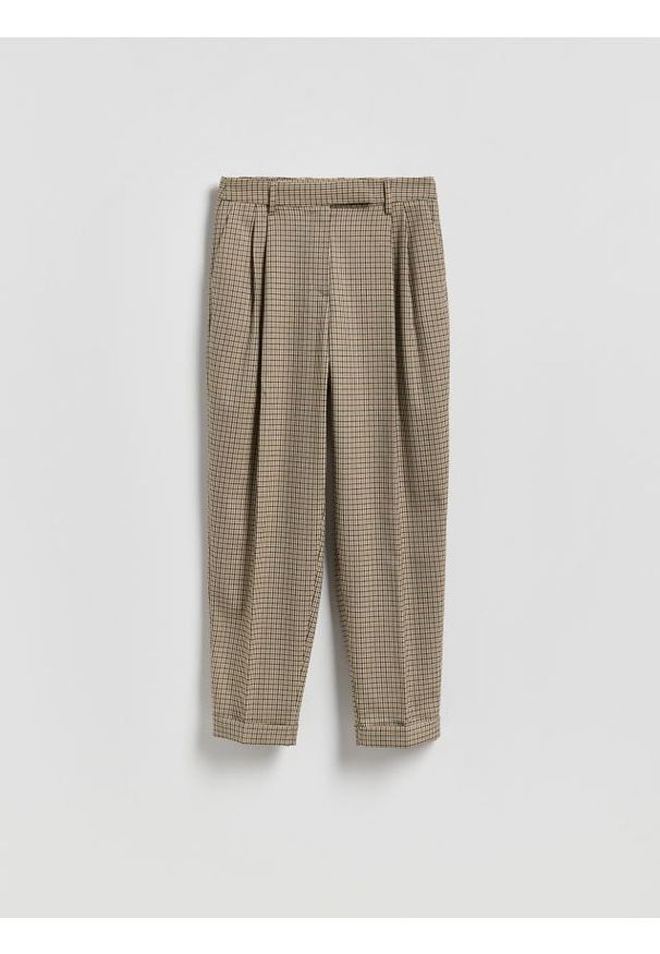 Reserved - Spodnie w drobną kratę - brązowy. Kolor: brązowy. Materiał: tkanina, wiskoza