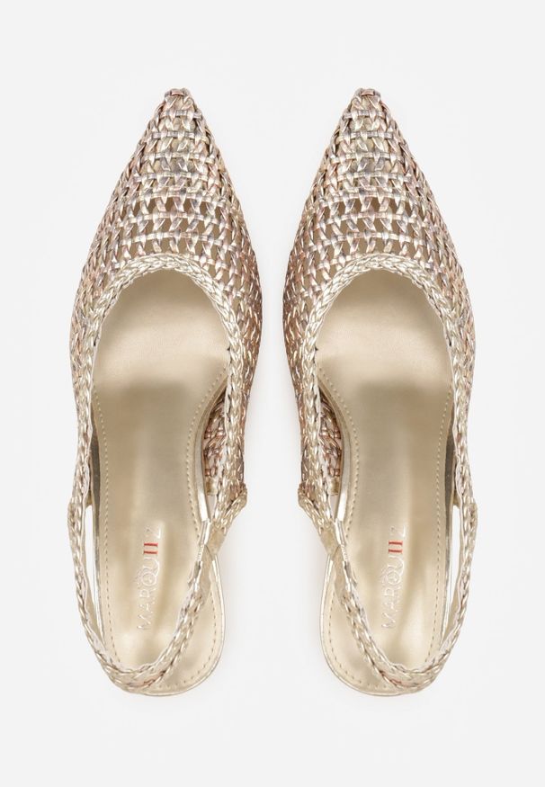 Renee - Złote Plecione Czółenka Slingback na Szpilce z Ażurową Cholewką Hibiscae. Okazja: na co dzień. Kolor: złoty. Materiał: jeans. Szerokość cholewki: normalna. Wzór: ażurowy. Sezon: wiosna. Obcas: na szpilce. Styl: wizytowy, casual, elegancki