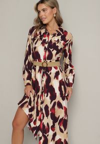 Born2be - Czerwono-Beżowa Koszulowa Sukienka Rozkloszowana w Abstrakcyjny Wzór z Plecionym Paskiem Miririda. Okazja: na co dzień. Typ kołnierza: dekolt w kształcie V. Kolor: czerwony. Materiał: materiał, wiskoza, jeans. Wzór: aplikacja. Typ sukienki: koszulowe. Styl: casual, elegancki #7